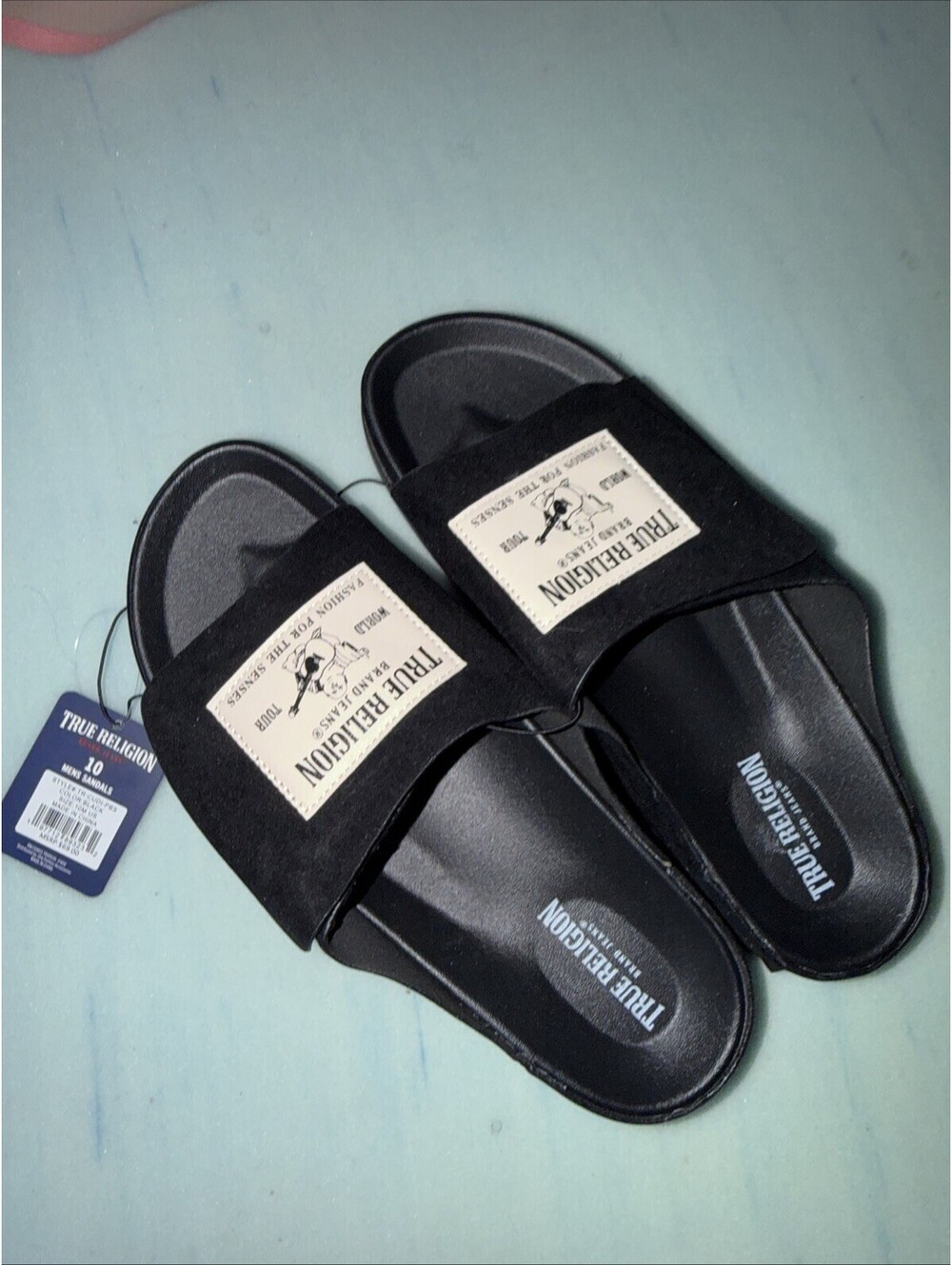 True Religion Biggy Slide Sandals Black Hook Loop Strap Men’s Size 10 NWOB